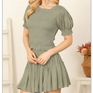 Matching Set Olive Gr Smocked TopSkirt Feminine Frilly Sweet S M